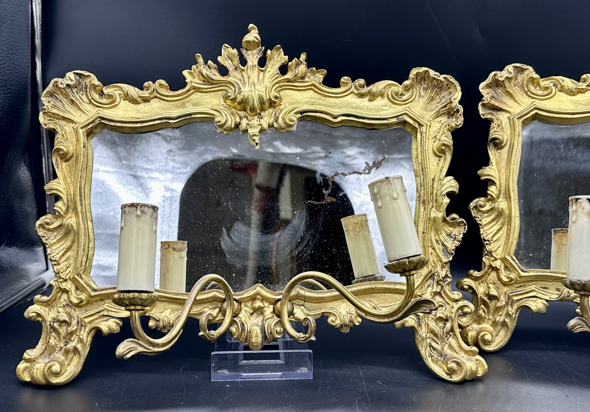 Coppia di specchiere con puntiluce in bronzo dorato – Italia, fine del XIX secolo, gusto Luigi -photo-2