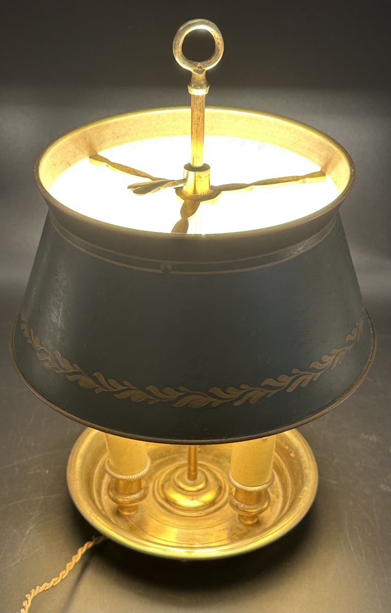 Bouillotte, lampada da tavolo in bronzo dorato con paralume in tole dipinta –primi ‘900-photo-2