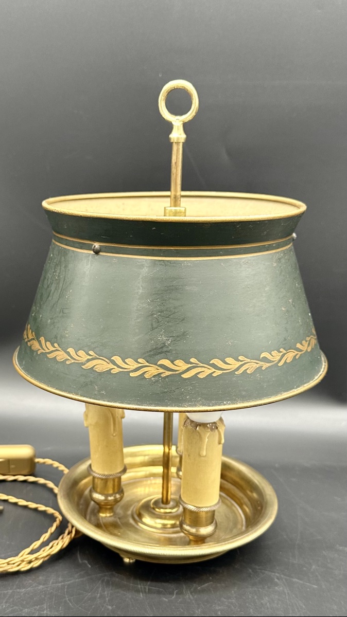 Bouillotte, lampada da tavolo in bronzo dorato con paralume in tole dipinta –primi ‘900-photo-3