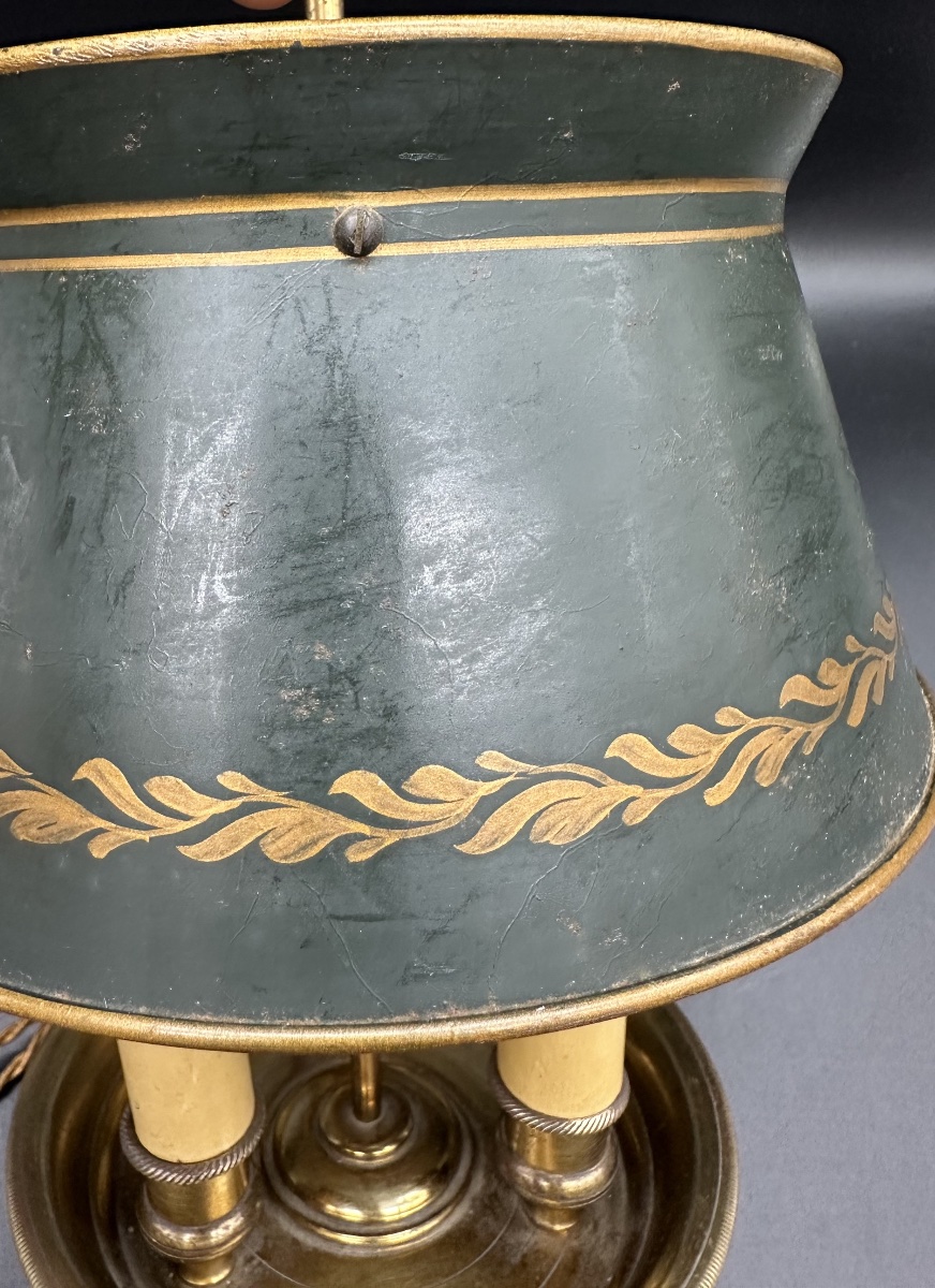 Bouillotte, lampada da tavolo in bronzo dorato con paralume in tole dipinta –primi ‘900-photo-4