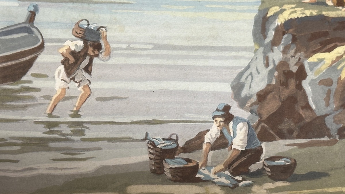 Paesaggio costiero con veliero – Acquerello su carta, XIX secolo-photo-1