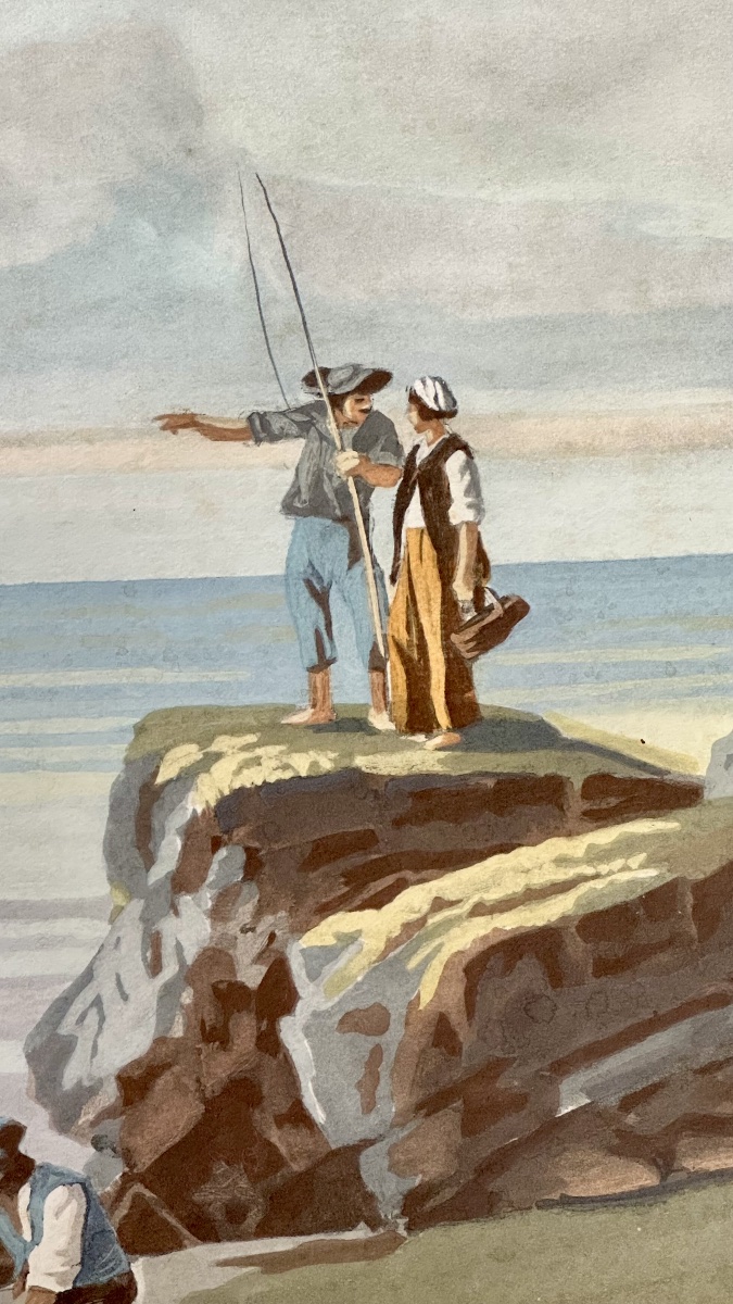 Paesaggio costiero con veliero – Acquerello su carta, XIX secolo-photo-2