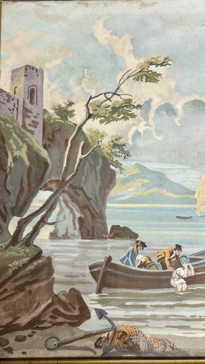 Paesaggio costiero con veliero – Acquerello su carta, XIX secolo-photo-3