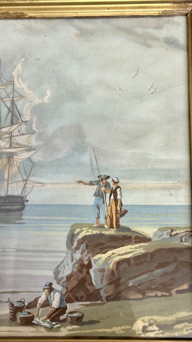 Paesaggio costiero con veliero – Acquerello su carta, XIX secolo-photo-5