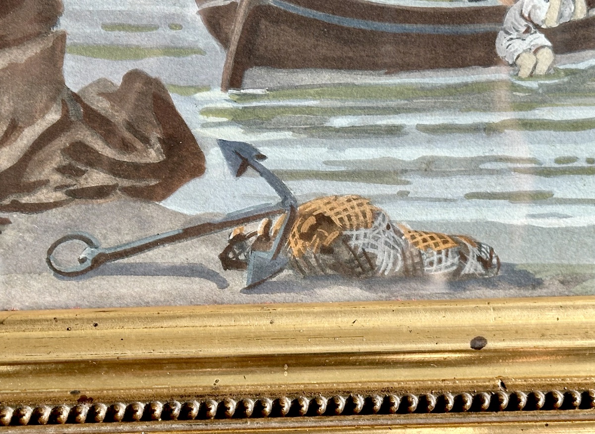Paesaggio costiero con veliero – Acquerello su carta, XIX secolo-photo-6