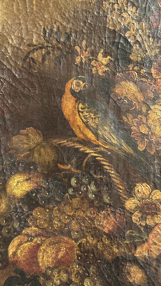 Dipinto olio su tela “Natura morta con fiori, frutta e uccello” – XVII Sec. -photo-2