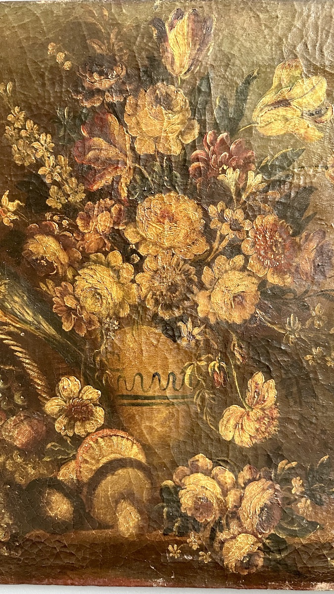 Dipinto olio su tela “Natura morta con fiori, frutta e uccello” – XVII Sec. -photo-3