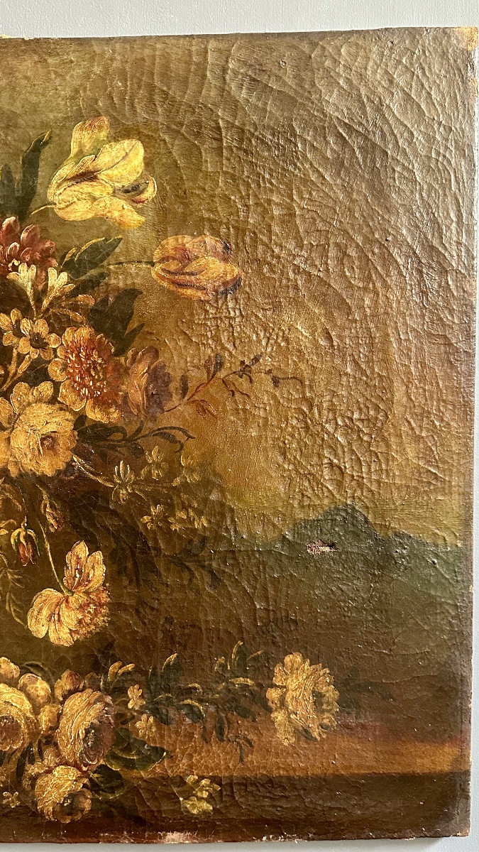 Dipinto olio su tela “Natura morta con fiori, frutta e uccello” – XVII Sec. -photo-4