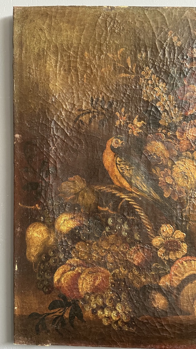 Dipinto olio su tela “Natura morta con fiori, frutta e uccello” – XVII Sec. -photo-1