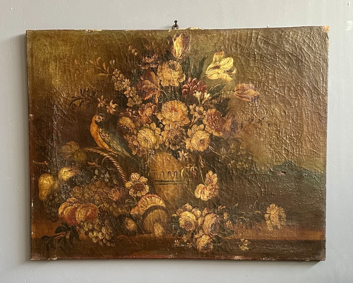 Dipinto olio su tela “Natura morta con fiori, frutta e uccello” – XVII Sec. 