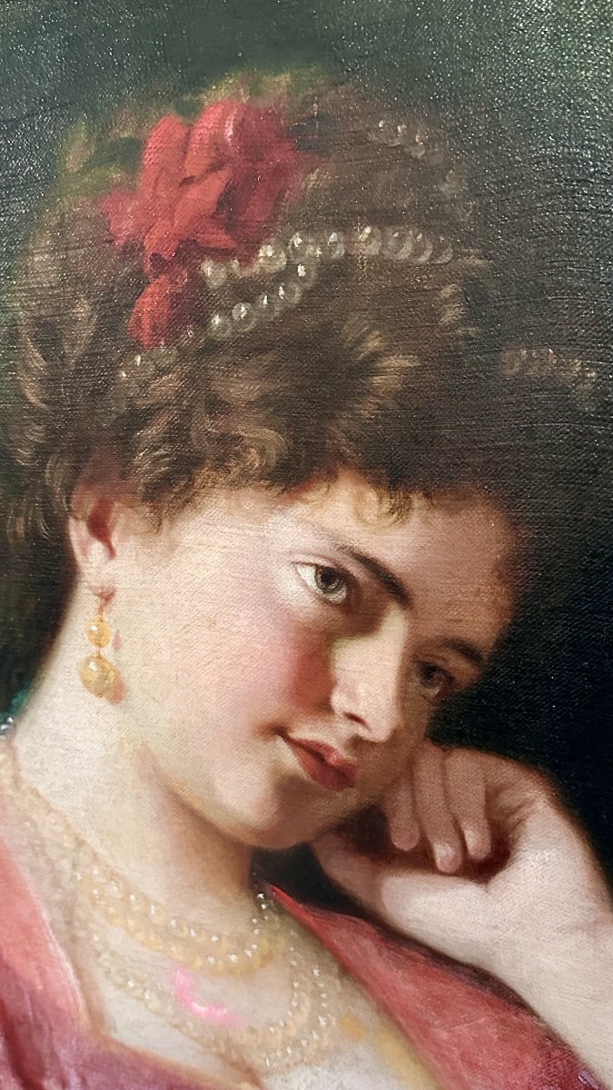 Dipinto, olio su tela "Ritratto di Giovane Donna in Atteggiamento Pensieroso" – Fine XIX Secolo-photo-2