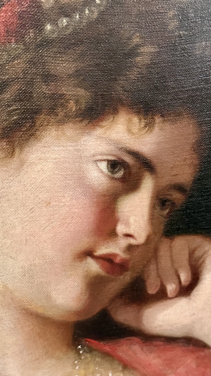 Dipinto, olio su tela "Ritratto di Giovane Donna in Atteggiamento Pensieroso" – Fine XIX Secolo-photo-3