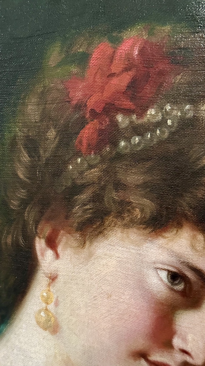 Dipinto, olio su tela "Ritratto di Giovane Donna in Atteggiamento Pensieroso" – Fine XIX Secolo-photo-4
