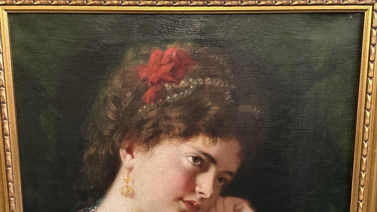 Dipinto, olio su tela "Ritratto di Giovane Donna in Atteggiamento Pensieroso" – Fine XIX Secolo-photo-3