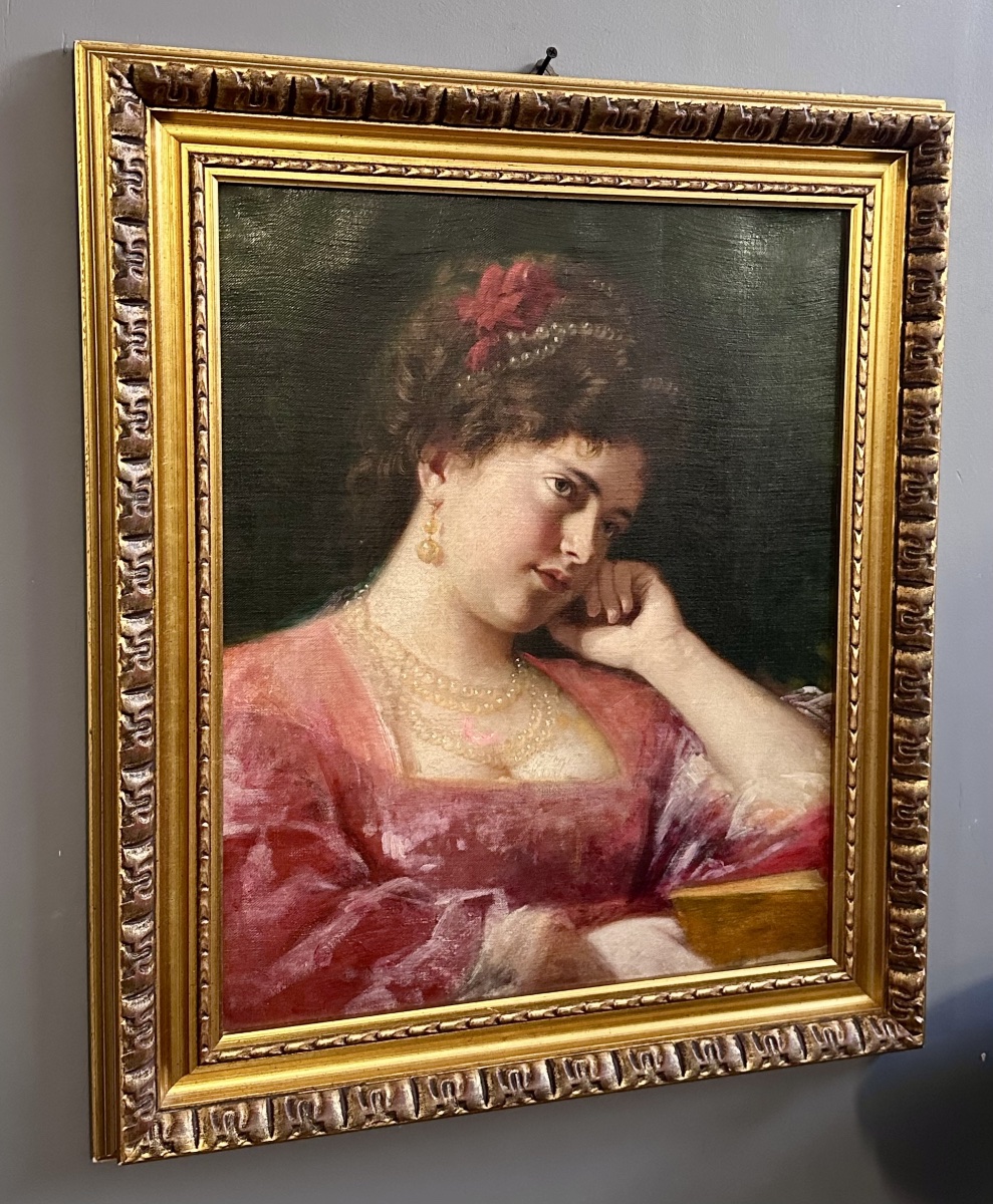Dipinto, olio su tela "Ritratto di Giovane Donna in Atteggiamento Pensieroso" – Fine XIX Secolo