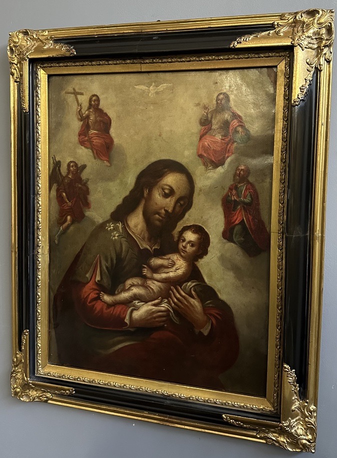 Dipinto, olio su rame "San Giuseppe col Bambino e la Gloria della Trinità" – XVIII Secolo