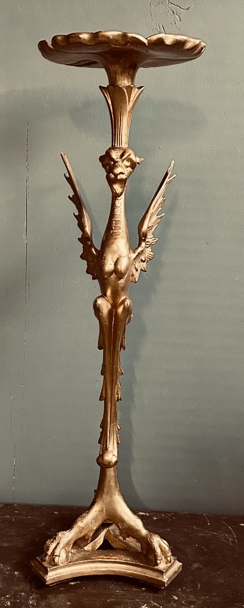 Colonna Portavaso Neogotica in Legno Dorato – Grifone Alato, XIX sec. -photo-2