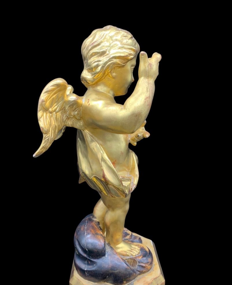 Sculpture Ange / Putto / Angel En Bois Sculpté Et Doré à La Feuille d'Or - Louis Philippe-photo-2