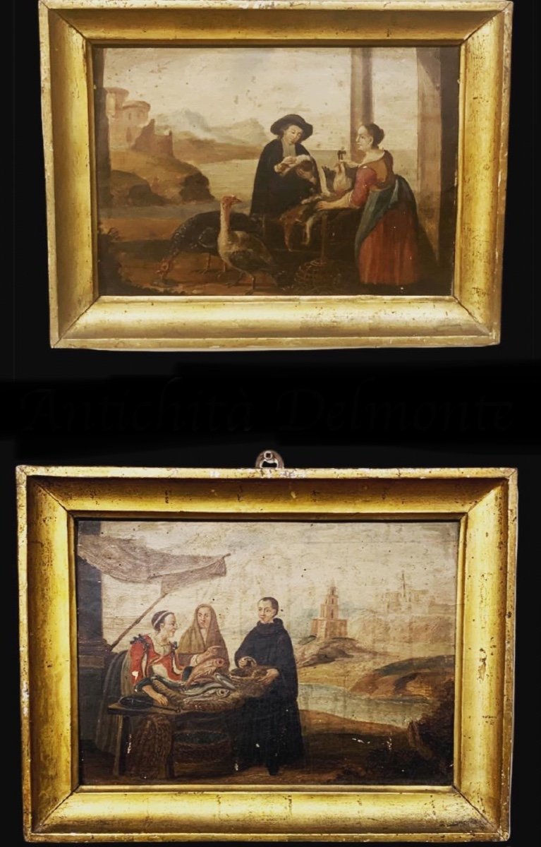 Paire de tableaux, Huile Sur Panneau “scènes De Marchés Populaires” - XVII Siècle