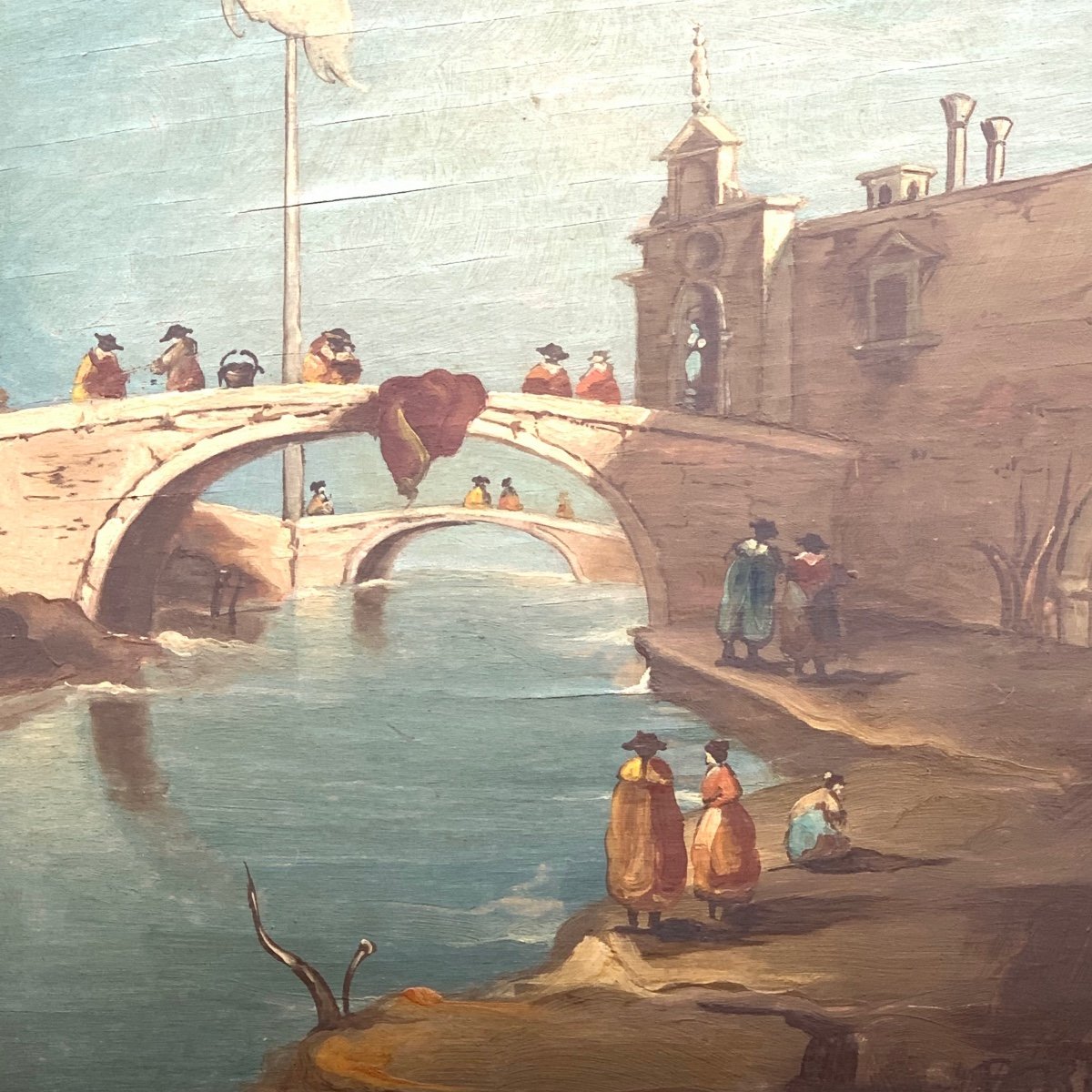 Peinture Sur Panneau "Capriccio avec un pont sur un canal" de B. Rizzo.-photo-3
