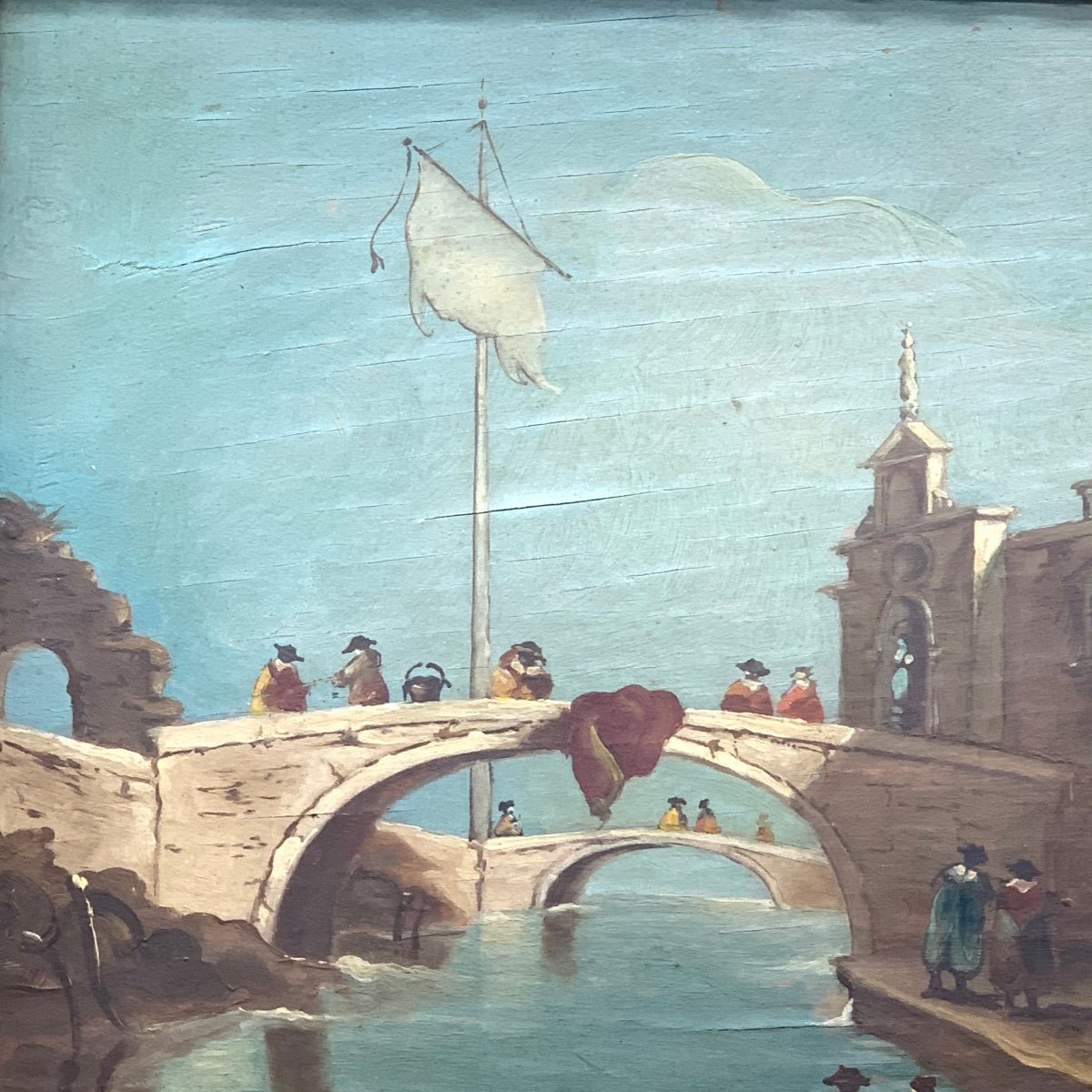 Peinture Sur Panneau "Capriccio avec un pont sur un canal" de B. Rizzo.-photo-4