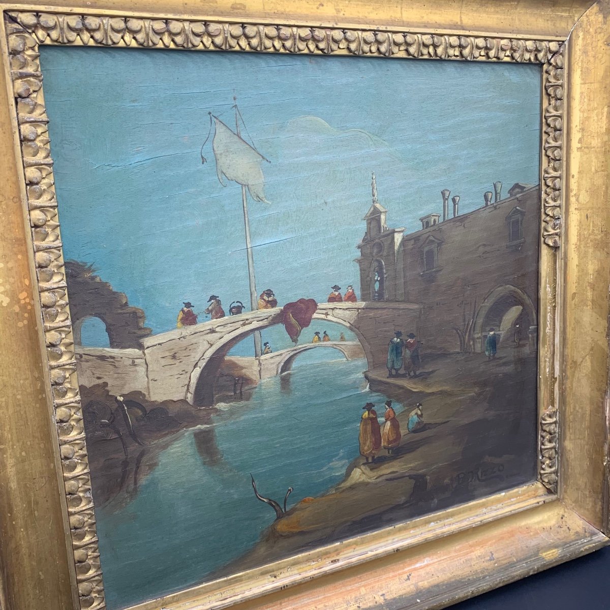 Peinture Sur Panneau "Capriccio avec un pont sur un canal" de B. Rizzo.-photo-2