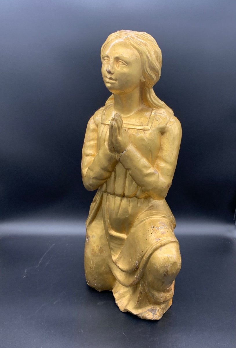 Sculpture En Bois Doré  “figure Féminine Agenouillée Qui Prie” - XVIII Siècle-photo-2