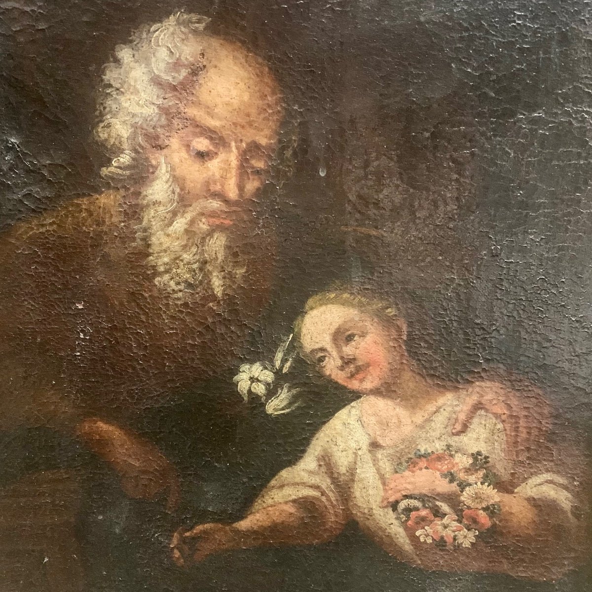 Tableau Religieux (saint Joseph Ou Saint Pierre ?) Et l'Enfant Jésus - XVII Siècle-photo-2