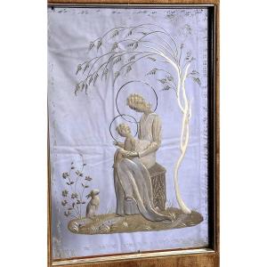 Specchiera, specchio inciso "Madonna con Bambin Gesù e coniglio" - Anni '50. 