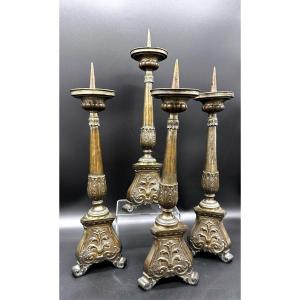 Set di 4 candelieri, Portacandele in ottone Cesellato – Neoclassici. 