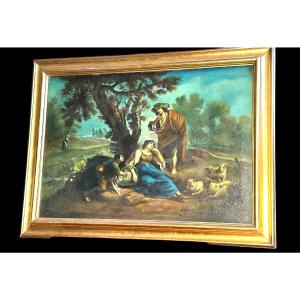 Dipinto Pastorale “Paesaggio con figure” del XIX Secolo – Olio su Tela con Cornice Dorata