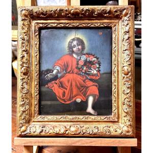 Dipinto olio su tavola “Sacra Immagine del Bambino con Ghirlanda di Fiori” - Inizi del XIX sec.