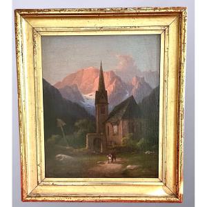Dipinto paesaggistico alpino con chiesa, olio su tela – XIX secolo 