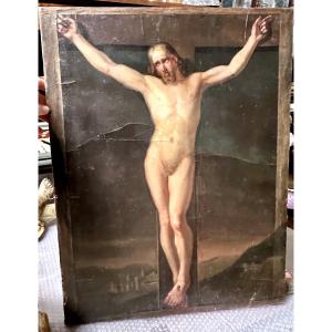 Dipinto raffigurante Cristo crocifisso, olio su tela, ambito pittorico europeo, XIX secolo.