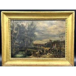 Quadro, olio su tela,  “Battuta di caccia aristocratica” - XIX sec.