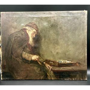 Dipinto a olio su tela – Scena di genere con figura anziana - XIX sec.