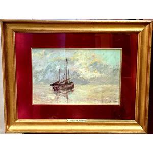 Dipinto, “Marina con barca” - CARLO MORGARI, XX sec. 