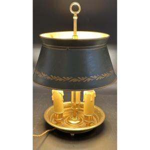 Bouillotte, lampada da tavolo in bronzo dorato con paralume in tole dipinta –primi ‘900