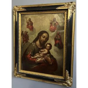 Dipinto, olio su rame "San Giuseppe col Bambino e la Gloria della Trinità" – XVIII Secolo
