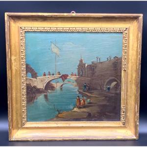Peinture Sur Panneau "Capriccio avec un pont sur un canal" de B. Rizzo.