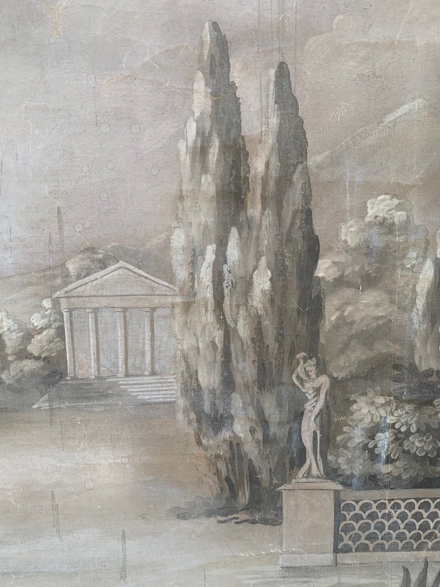 Tempere a monocromo con tempio greco, sculture e cipressi. Fine XVIII secolo-photo-2