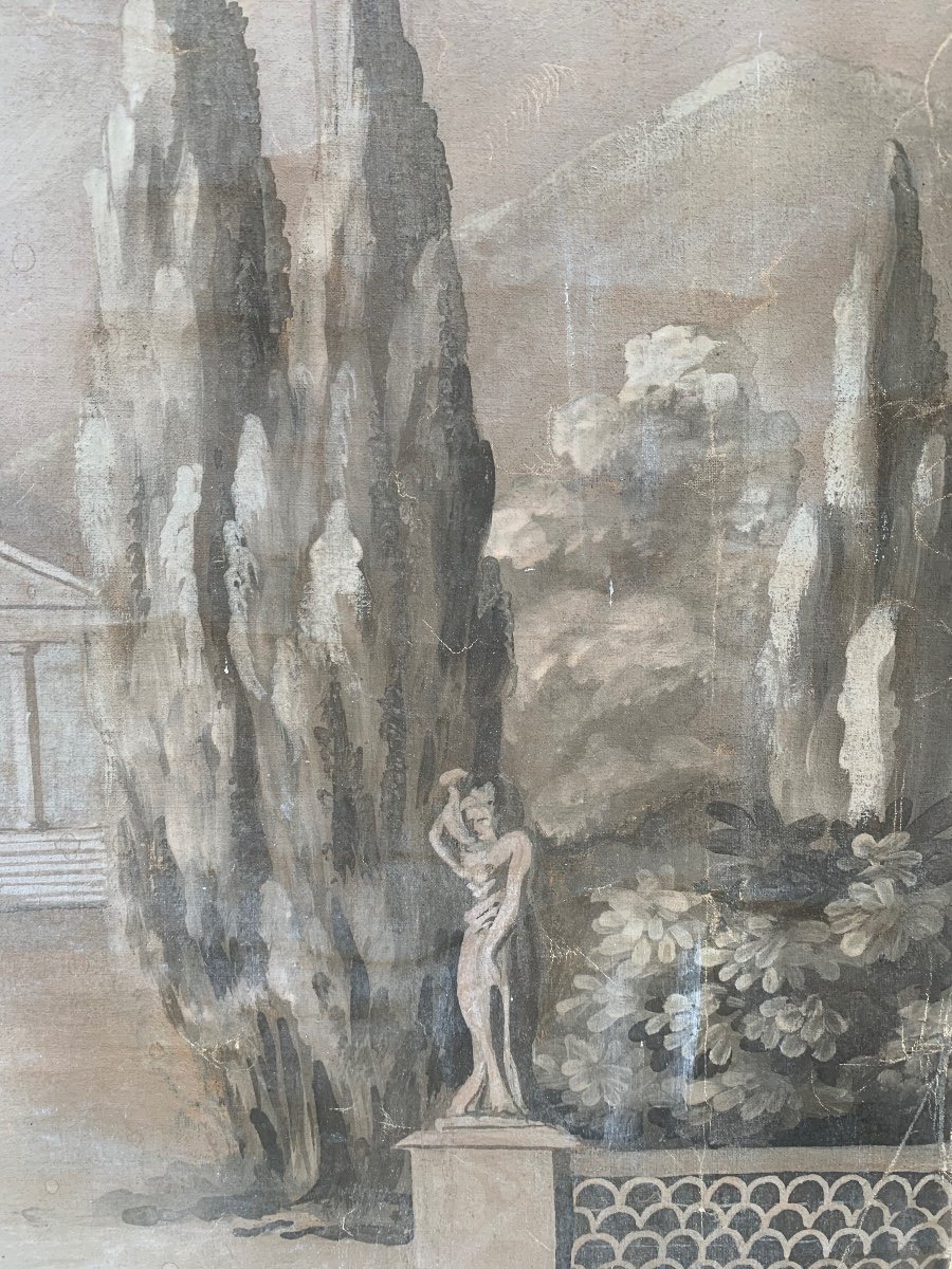 Tempere a monocromo con tempio greco, sculture e cipressi. Fine XVIII secolo-photo-3