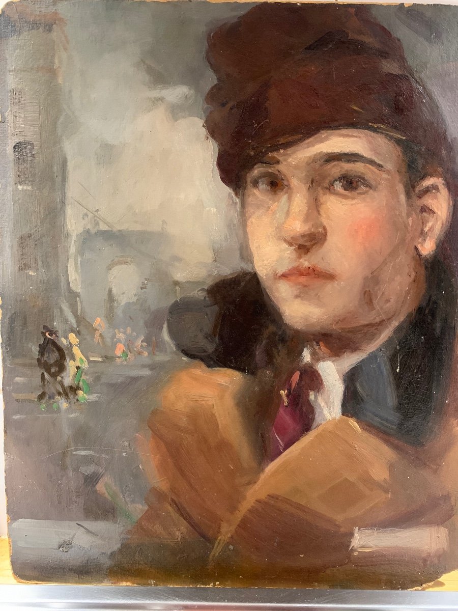 Ritratto del giovane con paesaggio urbano di Parigi. circa 1930. 