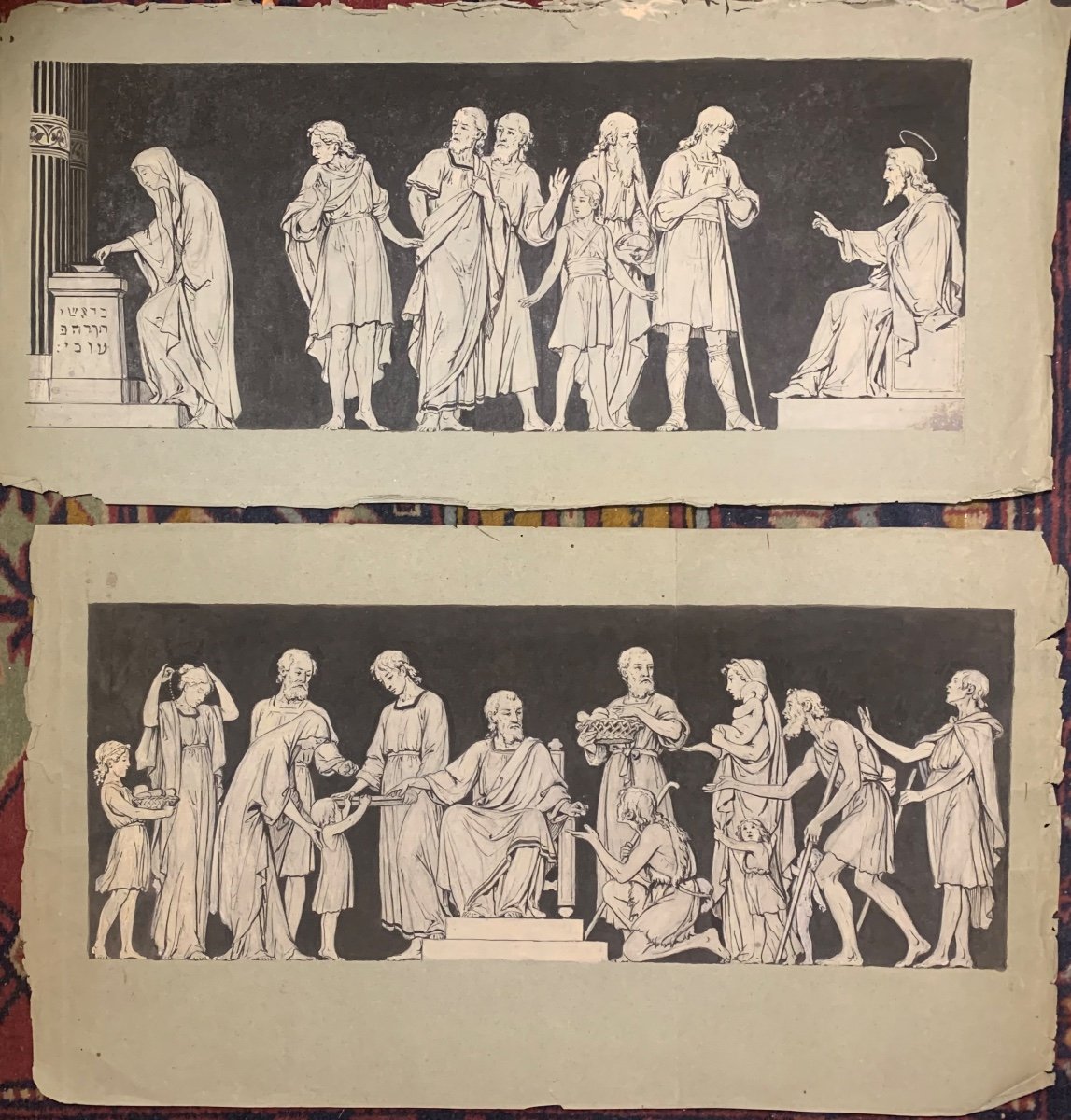 Disegno ad inchiostro neoclassico . Scena nel tempio. XIX secolo-photo-3