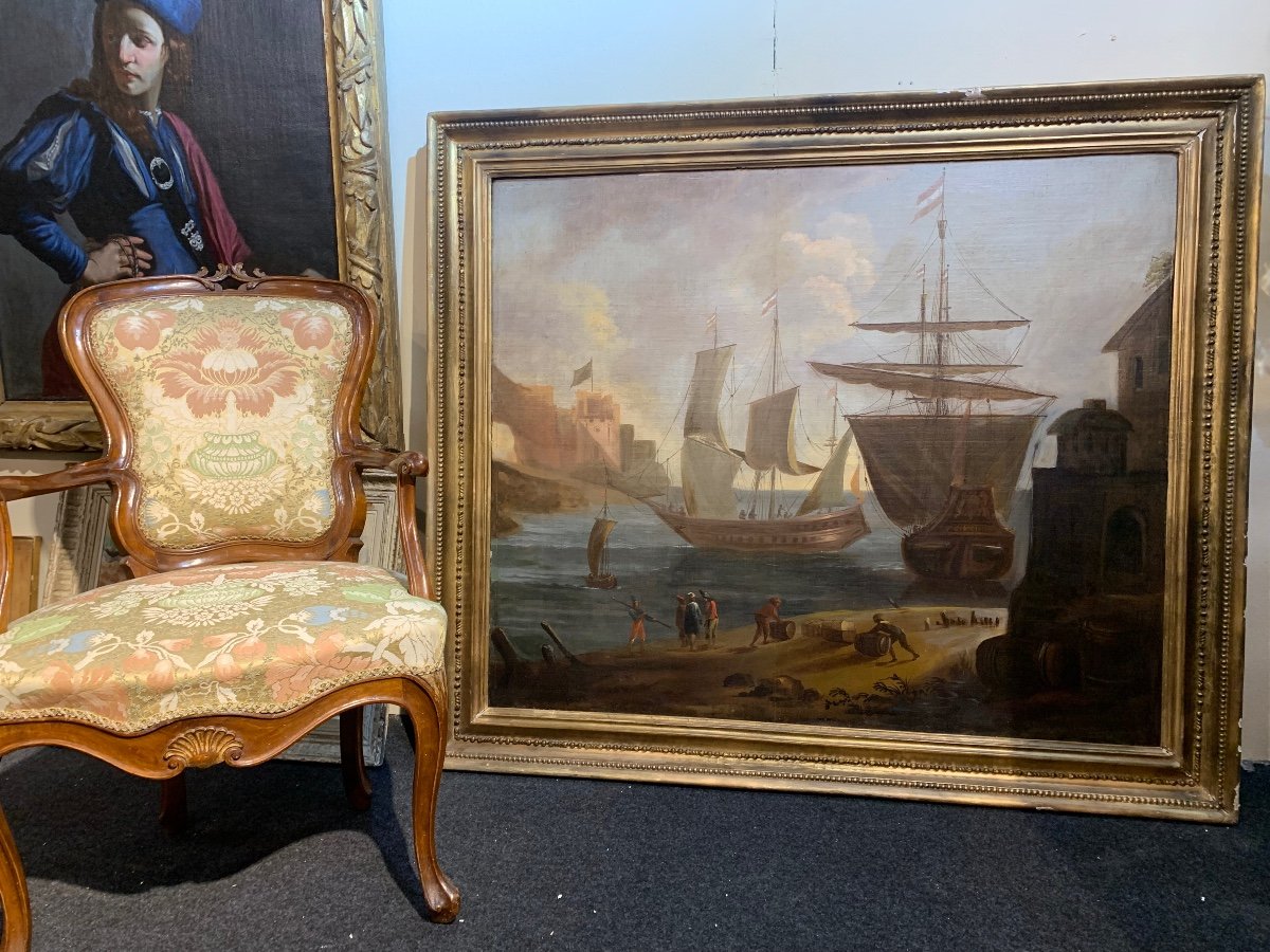 Grande dipinto scena nel porto con velieri. FINE XVIII secolo-photo-3