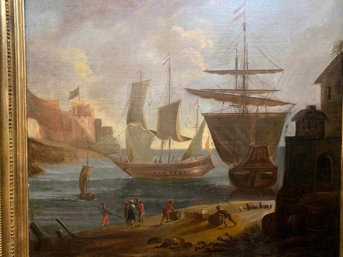 Grande dipinto scena nel porto con velieri. FINE XVIII secolo-photo-4