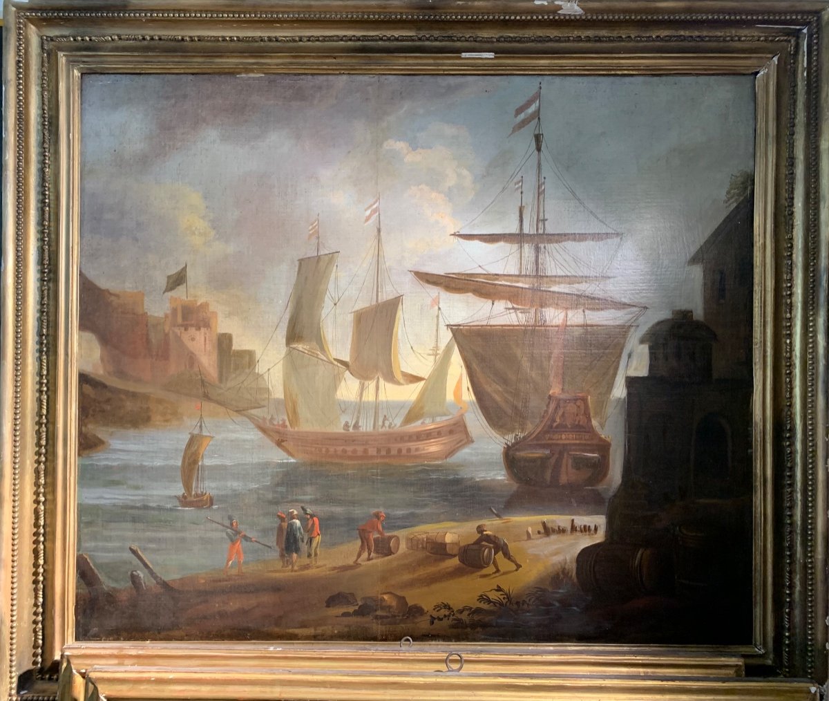 Grande dipinto scena nel porto con velieri. FINE XVIII secolo-photo-2