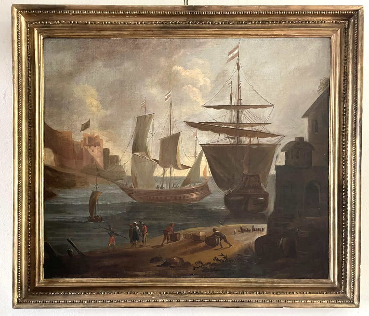 Grande dipinto scena nel porto con velieri. FINE XVIII secolo-photo-2