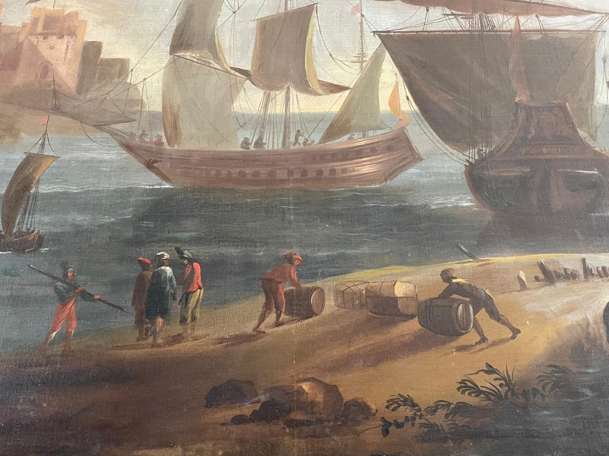 Grande dipinto scena nel porto con velieri. FINE XVIII secolo-photo-1