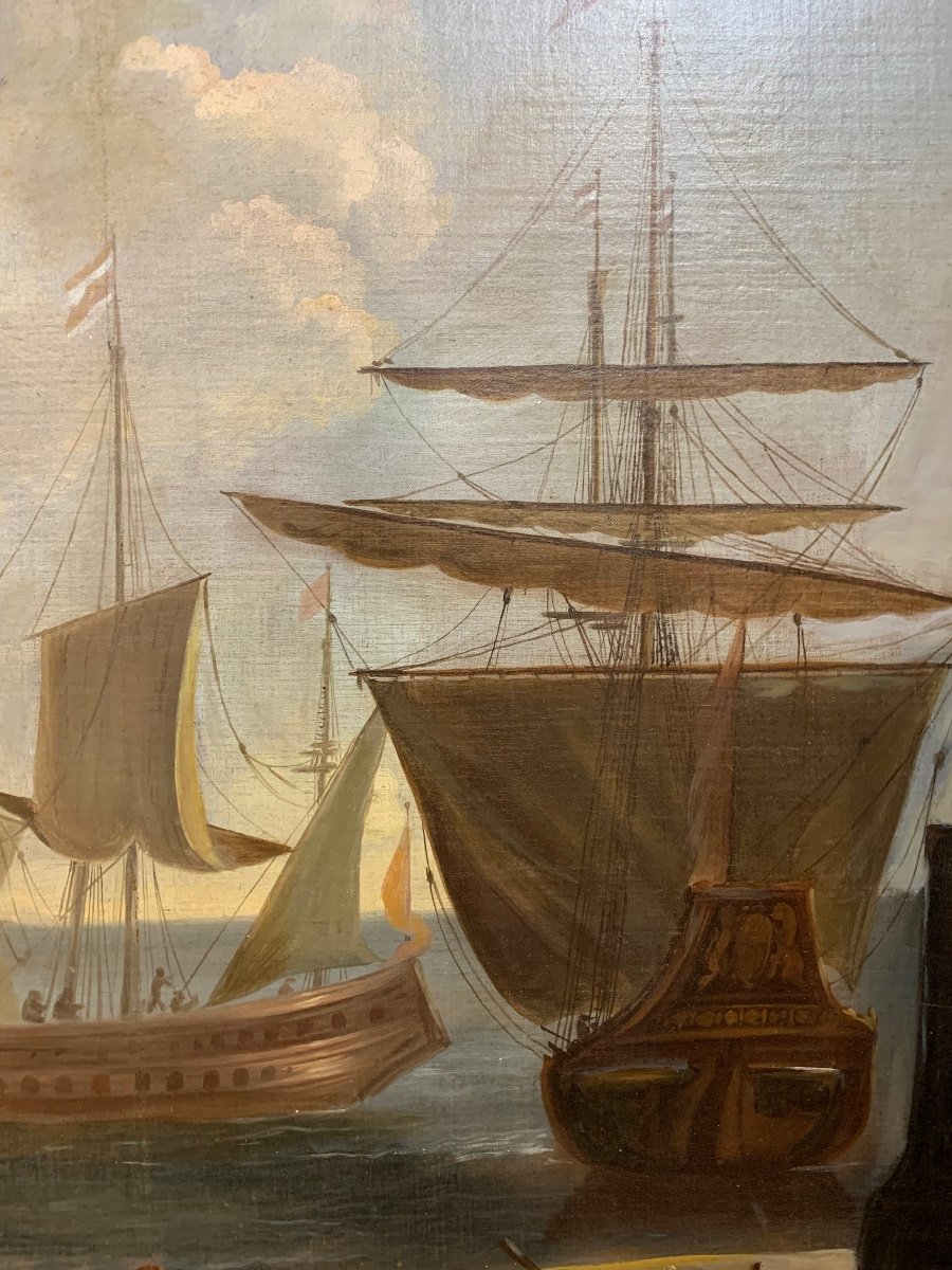 Grande dipinto scena nel porto con velieri. FINE XVIII secolo-photo-2